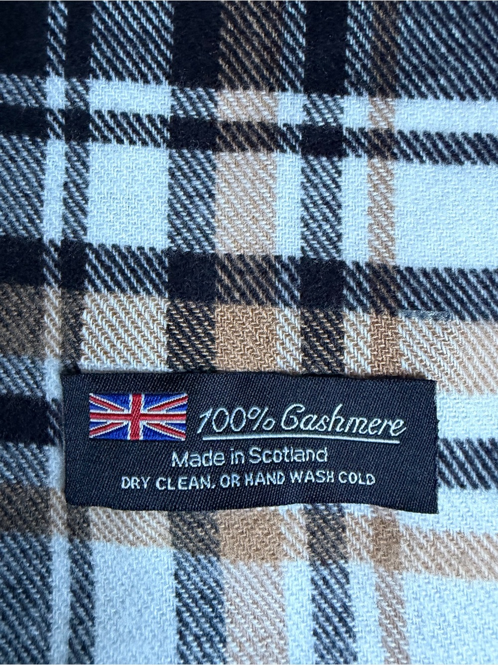 100% Cashmere Plaid Scarf - Black, Tan & Red 66” - Picture 2 of 4
